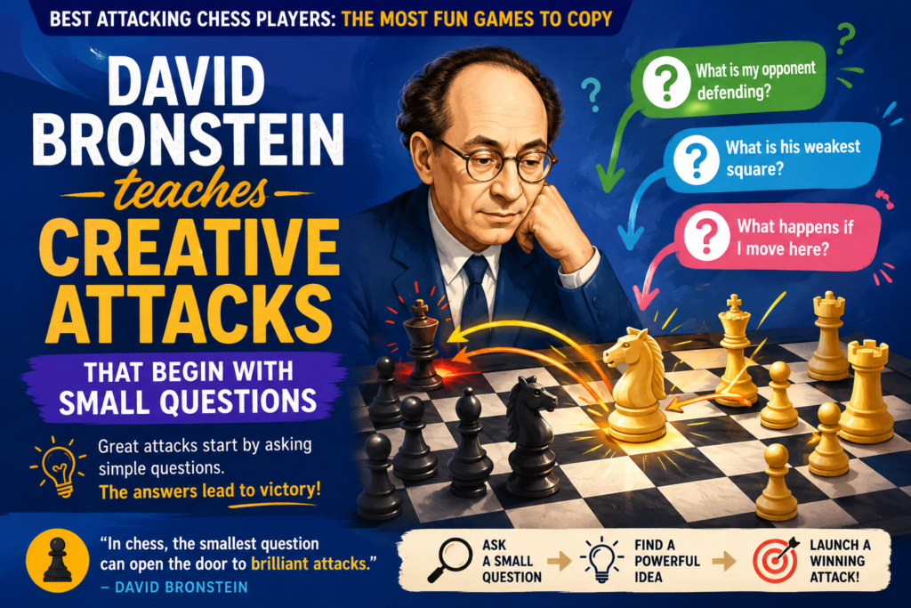 David Bronstein is a wonderful attacking player to study because his chess was full of ideas. He did not always attack in the most direct way. Sometimes he created tension, invited mistakes, and made the opponent solve strange problems.