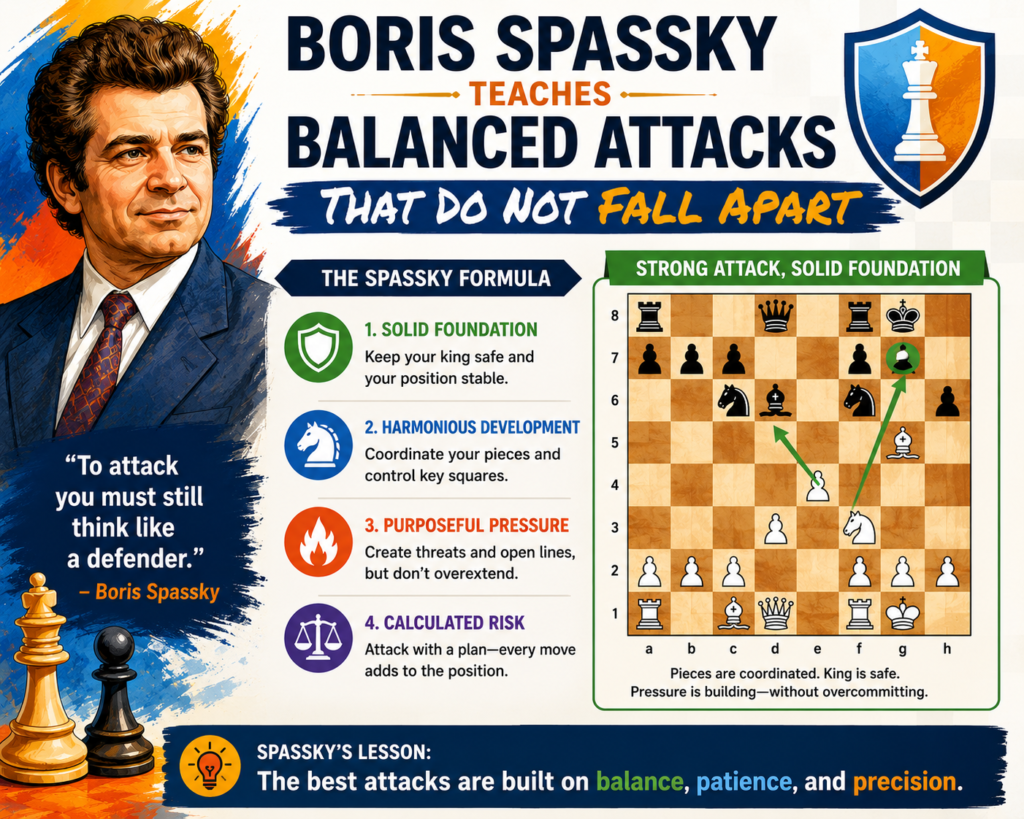 Boris Spassky was a world-class player with a very smooth style. He could attack, defend, play quiet positions, and handle sharp fights. For young students, this makes him a very helpful model. His attacking games are strong because they are not reckless.