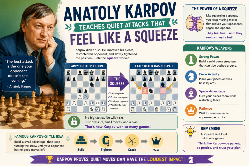 Anatoly Karpov may not be the first name people think of when they hear “attacking chess,” but his games are full of lessons for young attackers. His attacks often looked quiet, but they were very hard to stop. He could squeeze the opponent until their position had no air.