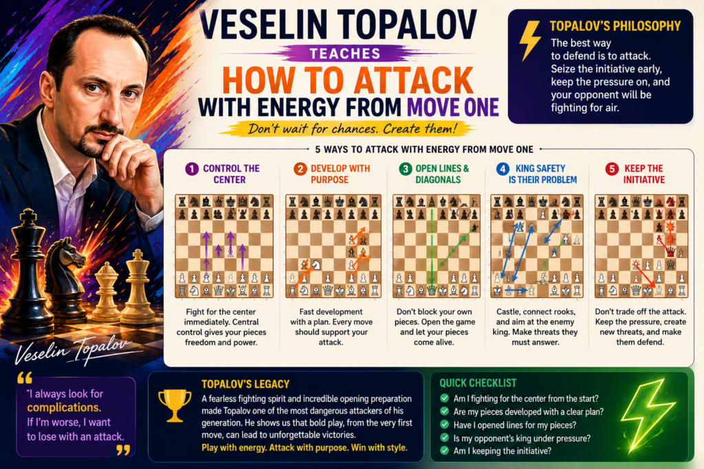 Veselin Topalov is a great player to study when you want to understand modern attacking chess. His games often feel full of movement. He plays with energy, takes space, and keeps asking the other player to solve hard problems.