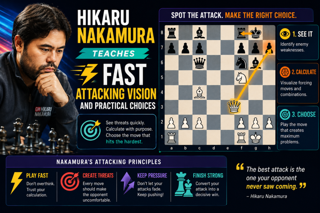 Hikaru Nakamura is one of the most popular modern chess players, and his attacking style is very exciting for young students. His games, especially in fast time controls, show sharp vision, quick tactics, and strong practical play.