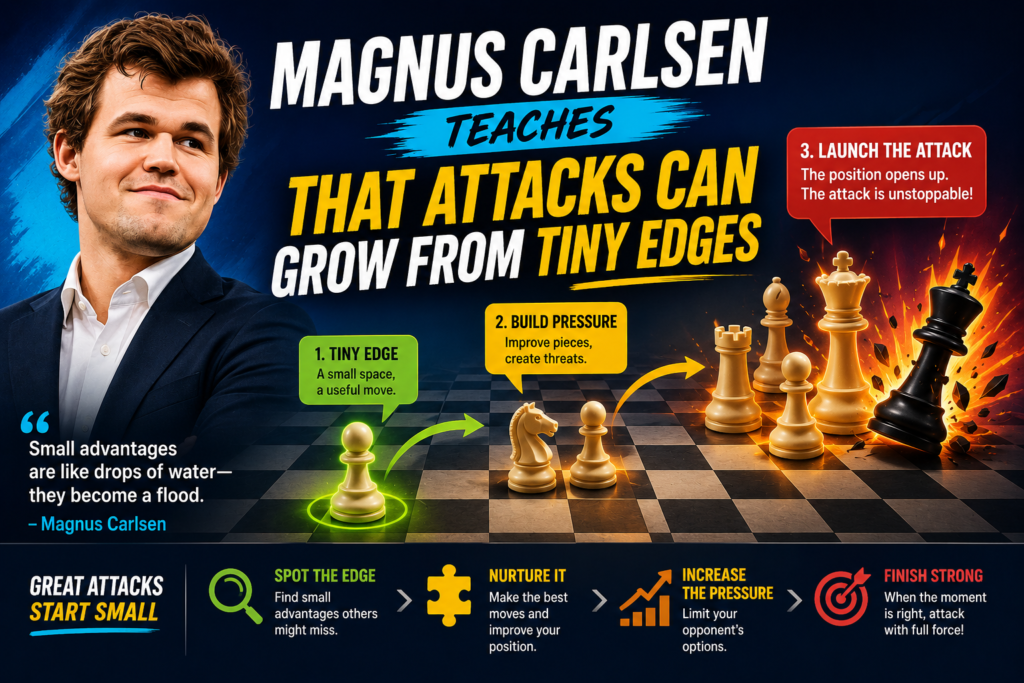 Magnus Carlsen is not always called a pure attacking player, but his games are full of attacking lessons. He shows that you do not need a wild position to create danger. Sometimes a tiny edge is enough if you keep improving it.