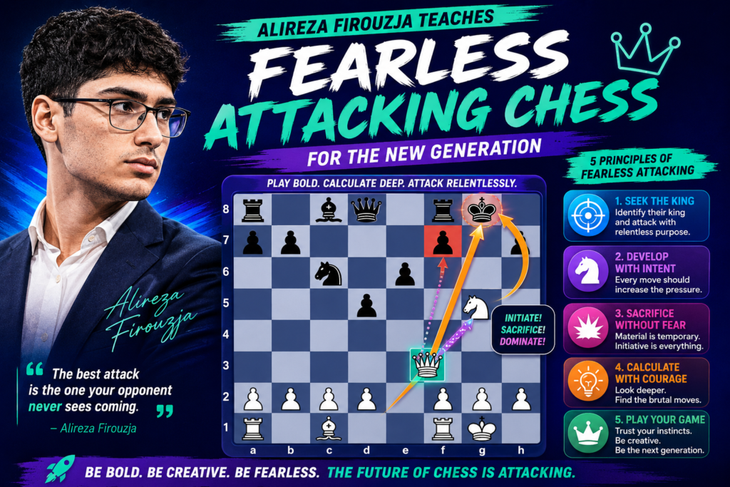 Alireza Firouzja is one of the most exciting young stars in chess. His games often show speed, confidence, and sharp attacking sense. He is a great player for kids to study because he feels close to today’s chess world. He plays modern openings, sharp middlegames, and fast time controls with amazing energy.