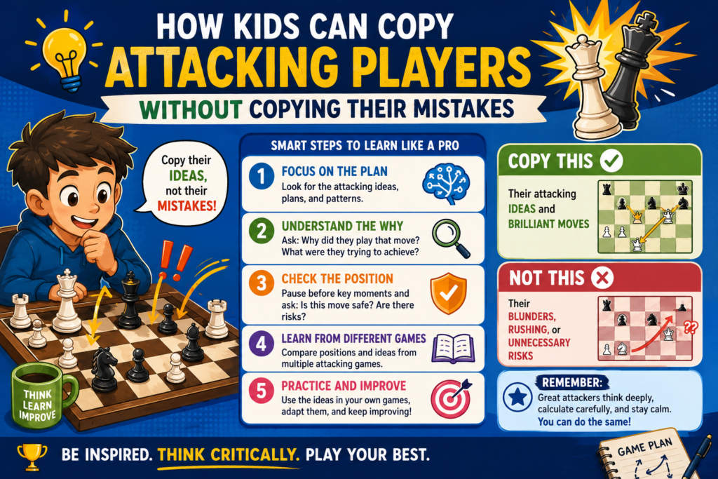 Studying attacking players is exciting, but there is one danger. A child may see a famous sacrifice and try to copy it in every game. That usually leads to trouble. The real goal is not to copy the exact move. The goal is to copy the thinking behind the move.