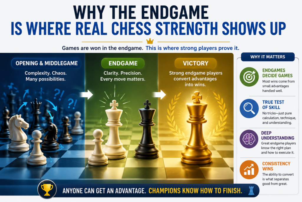 A chess game can look equal for a long time. Both players may have the same number of pieces. The kings may look safe. No big attack may be happening. But then the endgame starts, and suddenly the better player begins to show something special.