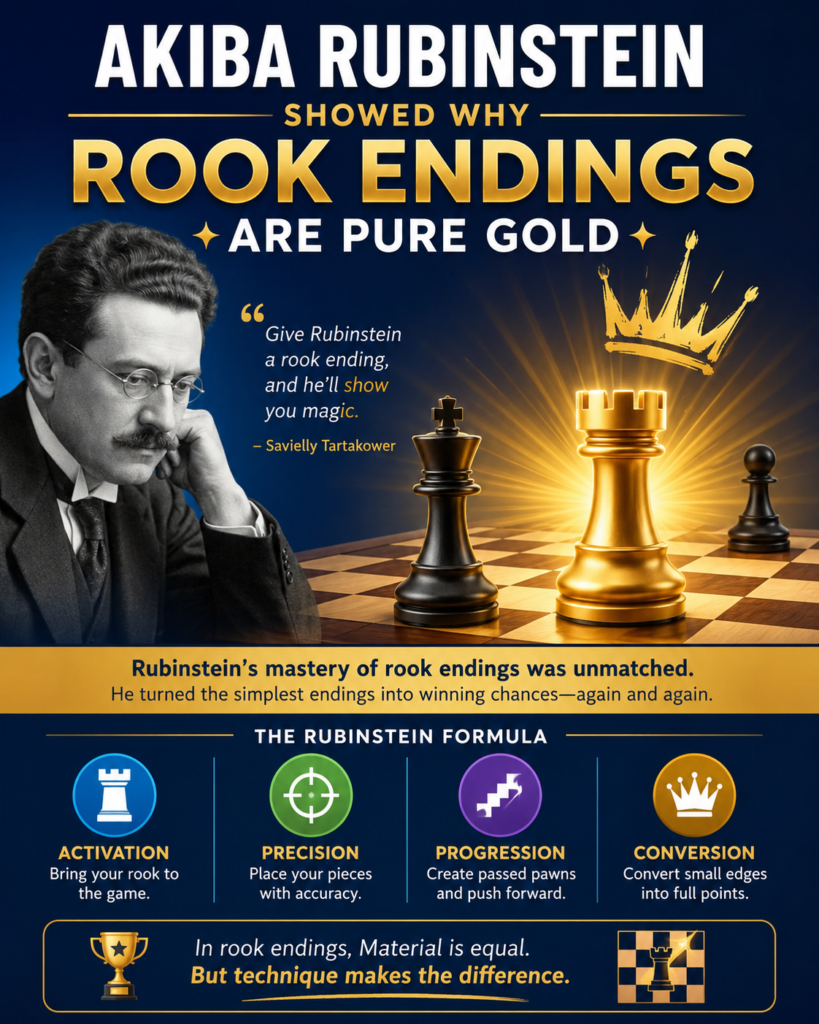 Akiba Rubinstein is another giant when we talk about endgame skill. He is especially famous for rook endings. ChessBase describes Rubinstein as a player known for deep, logical plans and superb rook endgame skill.