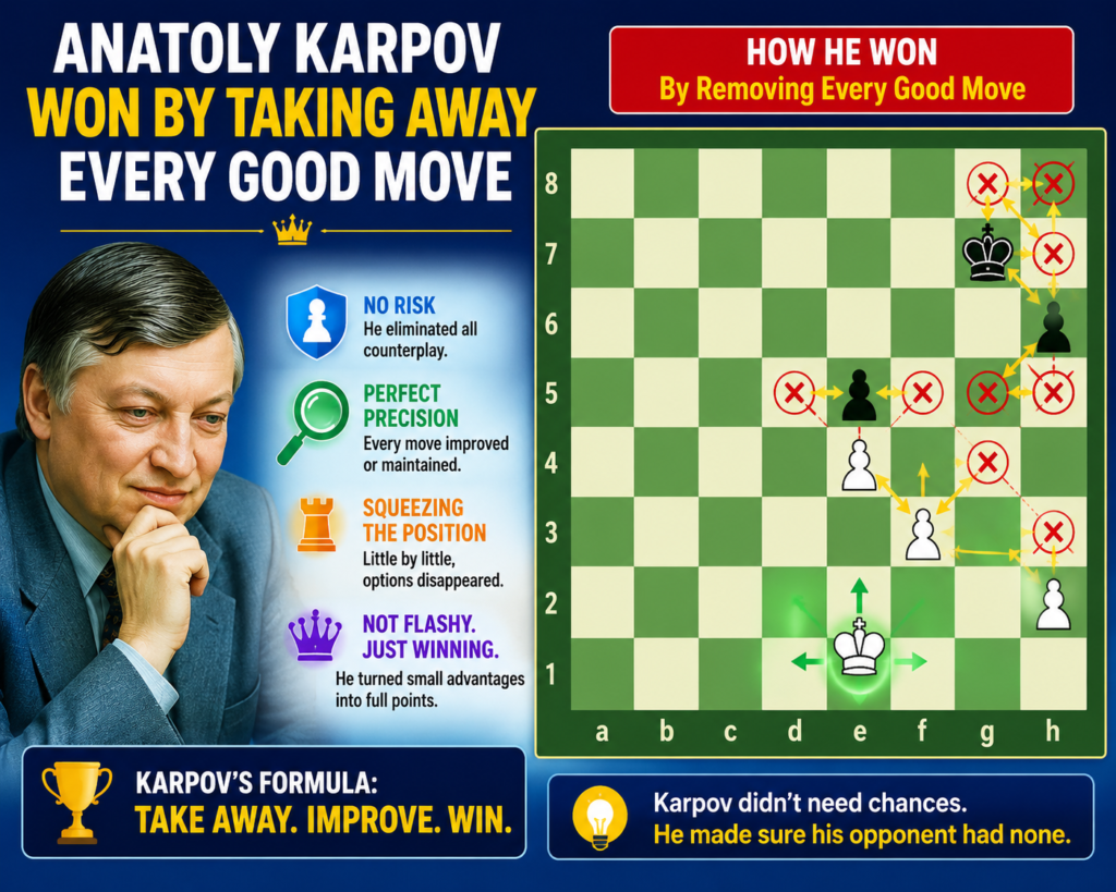 Anatoly Karpov is one of the greatest “squeeze” players in chess history. His style was not loud, but it was deeply scary. He often won because the other player slowly ran out of useful moves. A profile of Karpov’s style describes his play as based on restriction, quiet control, and the slow growth of small advantages.
