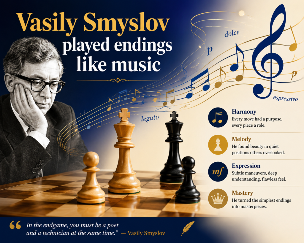 Vasily Smyslov was World Chess Champion in 1957 and 1958. FIDE’s Open Chess Museum describes him as a player known for his special style and “virtuoso endgame play,” and also shares Mikhail Tal’s famous view that Smyslov was like a modern Capablanca.