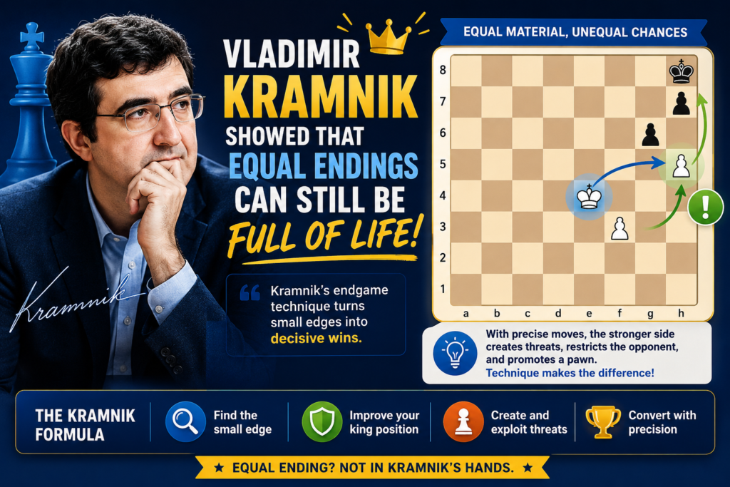 He became famous at the very top when he defeated Garry Kasparov in their 2000 world championship match in London, winning two games, drawing thirteen, and losing none. That kind of score tells you something important. Kramnik knew how to remove risk while still keeping pressure.