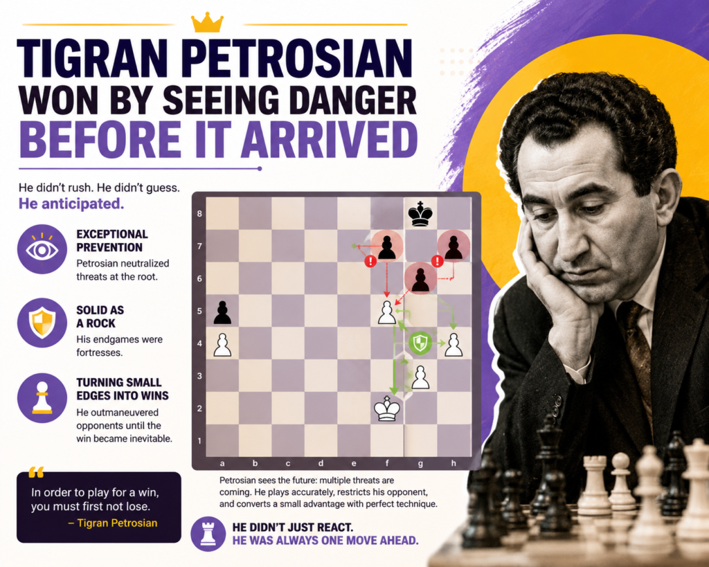 Tigran Petrosian was World Chess Champion from 1963 to 1969. Britannica describes his play as subtle, patient, and built around weakening the opponent slowly instead of crushing them in one sudden blow.