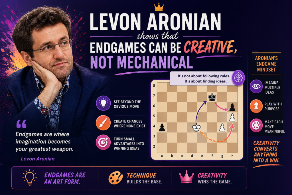 Levon Aronian is known for creative chess. His games often have rich ideas, surprising piece moves, and deep plans. In the endgame, that creativity becomes very useful. He can find unusual ways to improve pieces, create passed pawns, or change the nature of the position.