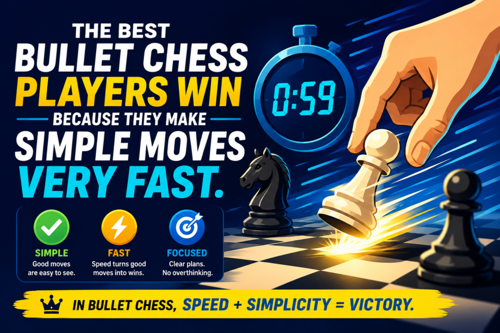 Many people think bullet chess is all about fancy moves. That is not true. The best bullet players often win because they do simple things faster than everyone else. They put pieces on active squares. They keep the king safe enough. 