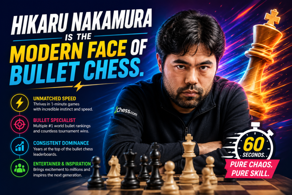 When people talk about the best bullet chess players, Hikaru Nakamura is almost always part of the talk. He has been one of the biggest names in online speed chess for years. He is known for sharp tactics, fast mouse control, deep opening knowledge, and a cool head in wild positions. 