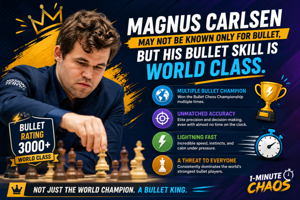 But in bullet chess, he is also a monster. The 2023 Bullet Chess Championship results show just how strong he was, as he reached the grand final against Hikaru Nakamura, with Nakamura winning a very close 17-15 match.
