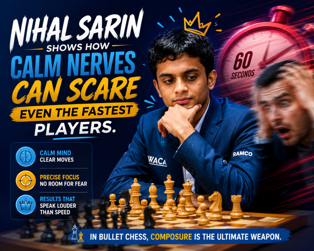 Nihal Sarin is one of India’s strongest young grandmasters, and his speed chess skill has made him a serious name in online events. In the 2024 Bullet Chess Championship, the results show that Nihal beat Andrew Tang 14-12 before later losing to Hikaru Nakamura 19-12 in the winners bracket final.