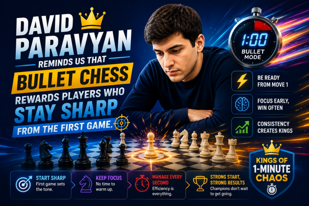 David Paravyan earned his place in the 2024 Bullet Chess Championship main event through the play-ins. Chess.com’s report said he was one of the four players who qualified, and the event results show that he defeated Maxime Vachier-Lagrave 13.5-5.5 in the first round of the main event before losing to Hikaru Nakamura in the next round.