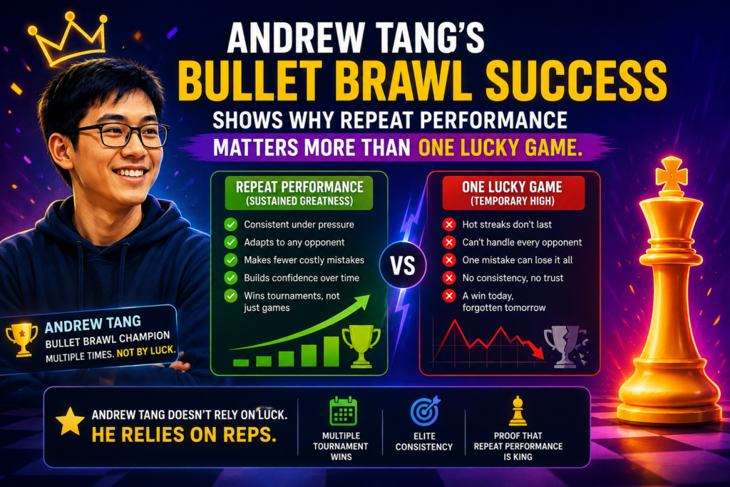 Andrew Tang’s name deserves to appear again because bullet greatness is not only about one big match. Chess.com reported in August 2025 that Tang won a Bullet Brawl and moved into the all-time top three for Bullet Brawl titles, joining Hikaru Nakamura and Daniel Naroditsky in that group. 