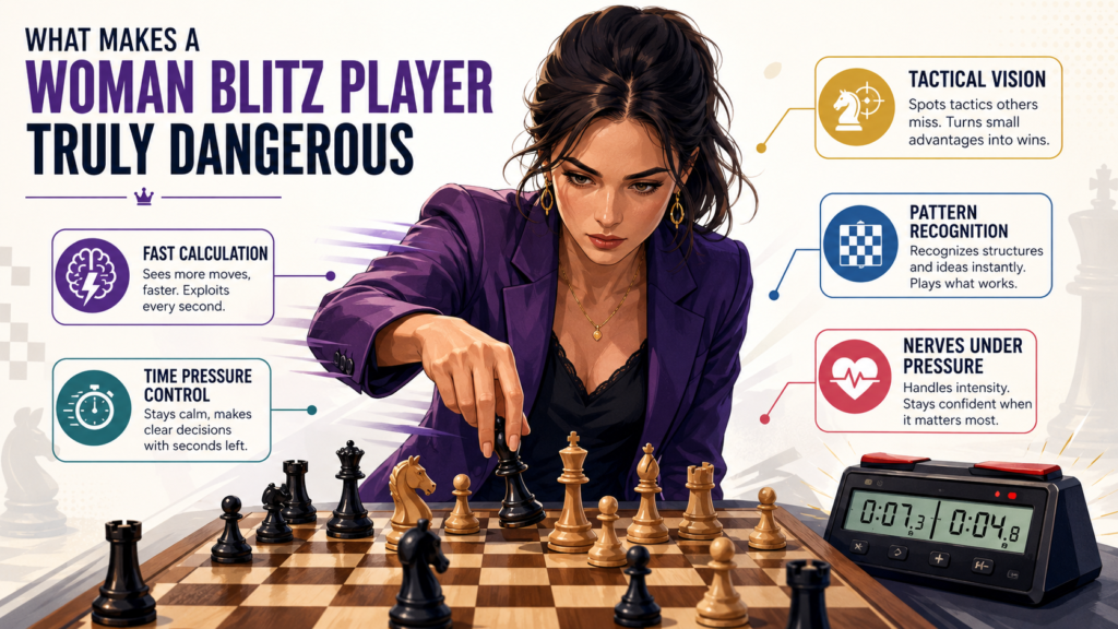 A great blitz player does not win only because she moves quickly. That is the easy thing to see. The deeper skill is that she knows which moves are safe, which moves create fear, and which moves force the other player to burn time.