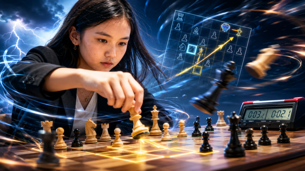 Bibisara Assaubayeva is one of the most exciting names in women’s blitz chess. She has the kind of energy that makes every game feel alive. At the 2025 FIDE Women’s World Blitz Championship in Doha, she beat Anna Muzychuk in the final and won her third world blitz title.