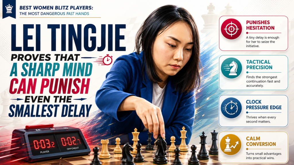 Lei Tingjie has become one of the strongest women players in the world, and her blitz strength comes from clear calculation and sharp timing. She reached the final of the 2024 Women’s World Blitz Championship, where Ju Wenjun won the title after their match in the knockout stage.