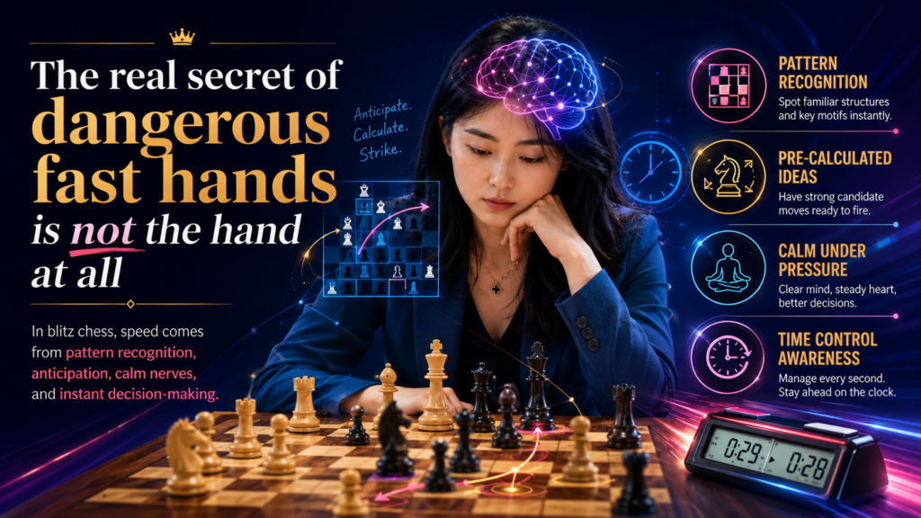 The phrase “fast hands” sounds like it is only about moving pieces quickly. But the hand is only the final part. The real speed starts in the mind. Top women blitz players move fast because they have seen the patterns many times before.