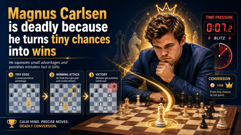 Magnus Carlsen may be the best example of a player who makes blitz feel unfair. He does not always need to crush you in the opening. He does not always need a huge attack. He can take a tiny edge, a slightly better pawn, or a small time lead, and slowly turn it into a win.