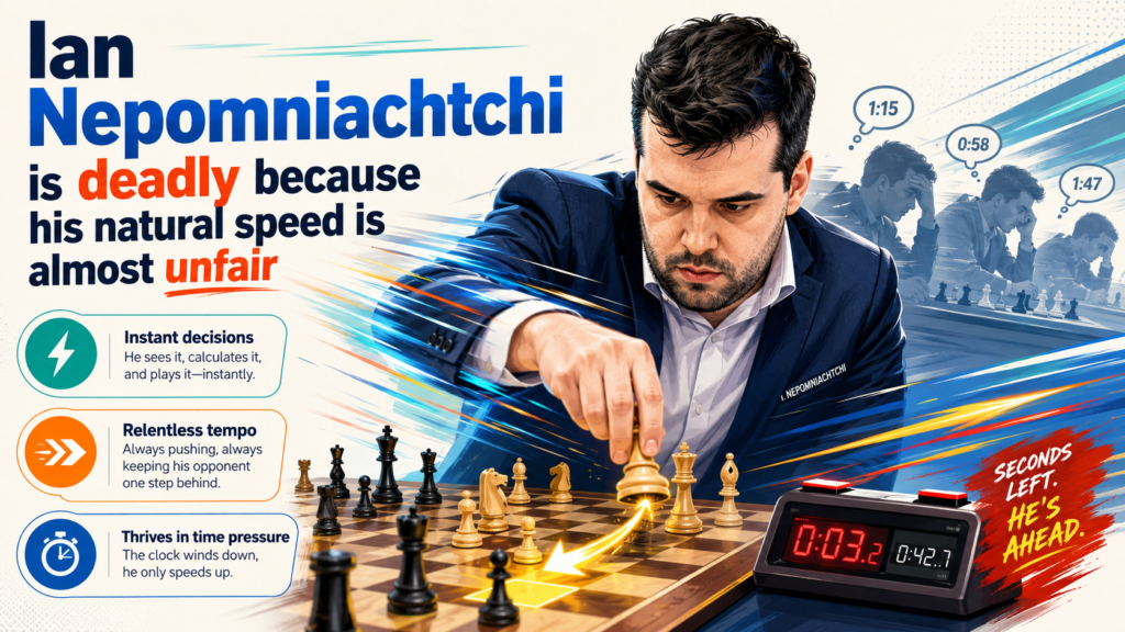 Ian Nepomniachtchi, often called Nepo by chess fans, has one of the most natural fast-chess styles in the world. Some players look like they are pushing themselves to move quickly. Nepo often looks like he is playing at his normal pace, even when the clock is low.