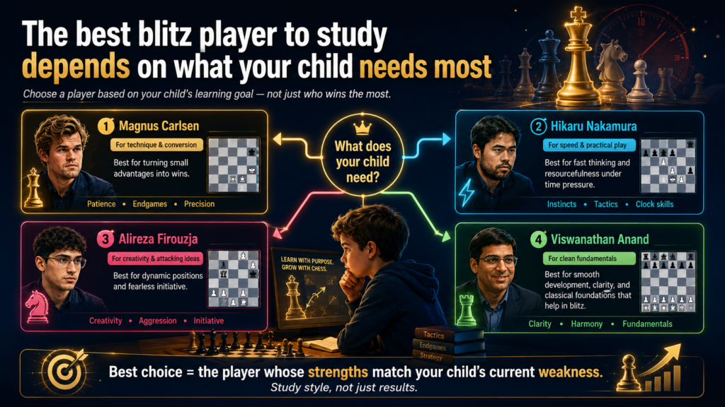 Parents often ask which grandmaster their child should follow. The honest answer is that it depends on the child. Some kids need more courage. Some need more patience. Some need better opening habits. Some need to stop rushing. Some need to stop freezing.