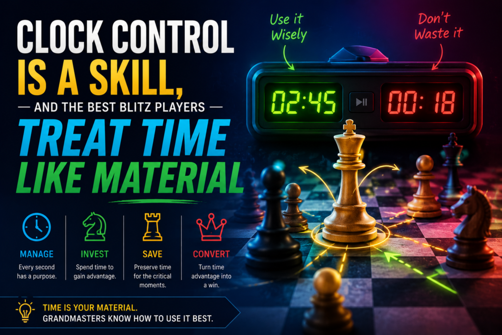 In blitz, the clock is not just a clock. It is part of the game. A player who is up a queen but has one second left may still lose. A player who is slightly worse but has more time may create enough pressure to win.