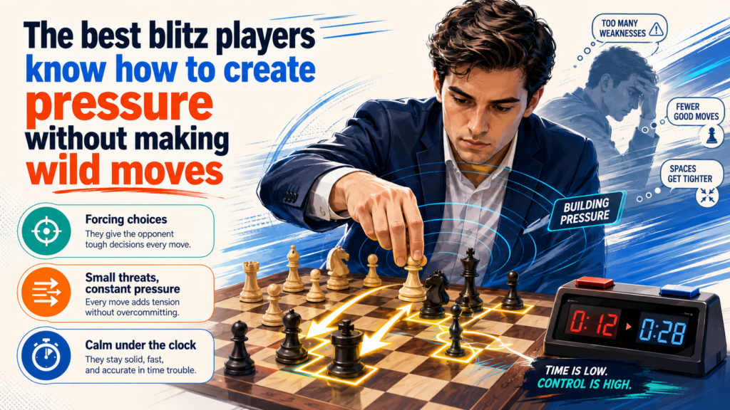 Many students think pressure means attacking the king right away. But real pressure can be much quieter. It can be a rook on an open file. It can be a knight sitting on a strong square. It can be a pawn that keeps moving forward. It can be a queen that keeps the enemy king tied down.