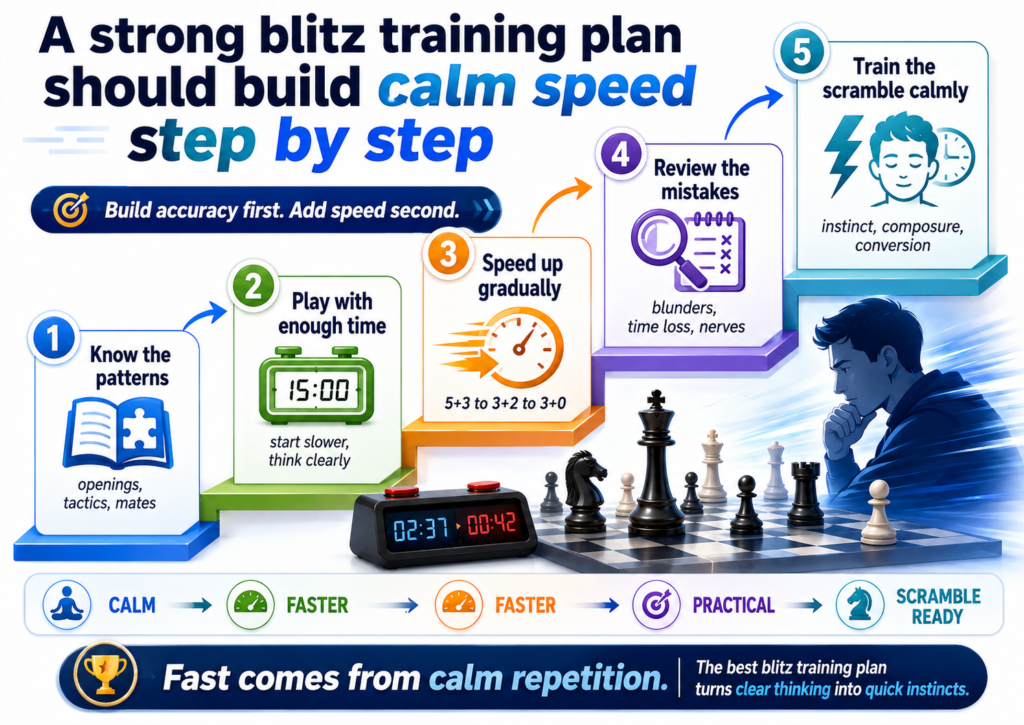 Blitz improvement should not mean playing fast games all day. That can be fun, but it often creates messy habits. A stronger plan mixes learning, practice, review, and guided play. The goal is not just to move faster. The goal is to think faster because the ideas are clearer.