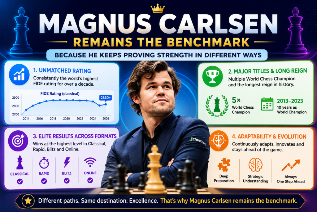 Even without holding the classical world title, Magnus Carlsen remains the player everyone is measured against. His case is simple but powerful. He is number one by rating, he has a long record of dominance, and he still wins elite events.
