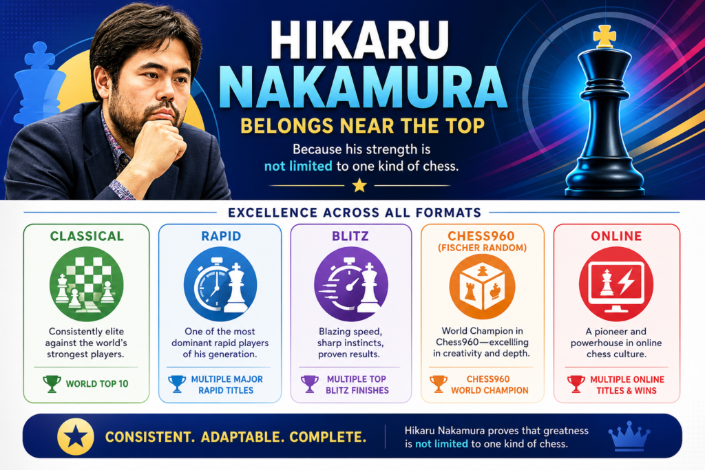 Hikaru Nakamura is one of the hardest players to rank fairly because his case is not built in only one place. If we look at the May 2026 FIDE classical list, he is world number two with a 2792 rating, behind only Magnus Carlsen.