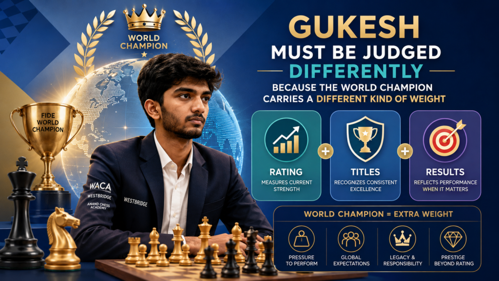 Gukesh Dommaraju is the player who makes the 2026 ranking debate most interesting. By rating alone, he is not near the very top of the May 2026 list. FIDE places him at number nineteen with a 2732 rating. But by title, he owns the most famous crown in chess: classical world champion.