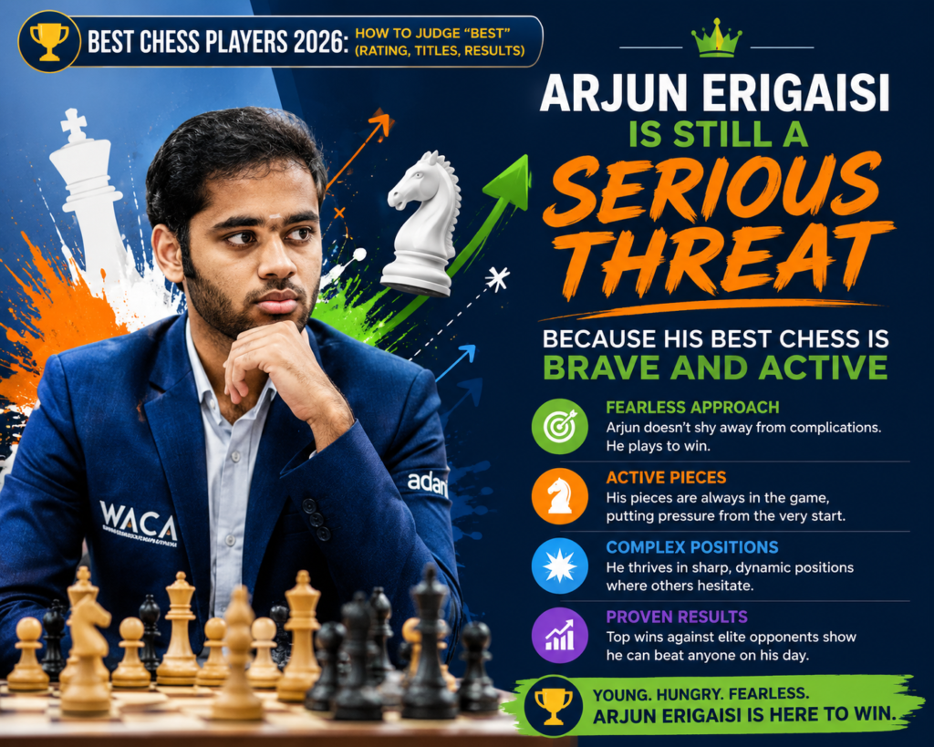 Arjun Erigaisi is outside the current top ten by a tiny margin, but he should not be treated like a small name. FIDE’s May 2026 list places him at number eleven with a 2751 classical rating, only two points behind Wei Yi at number ten and just a few points behind Wesley So, Alireza Firouzja, and Vincent Keymer.
