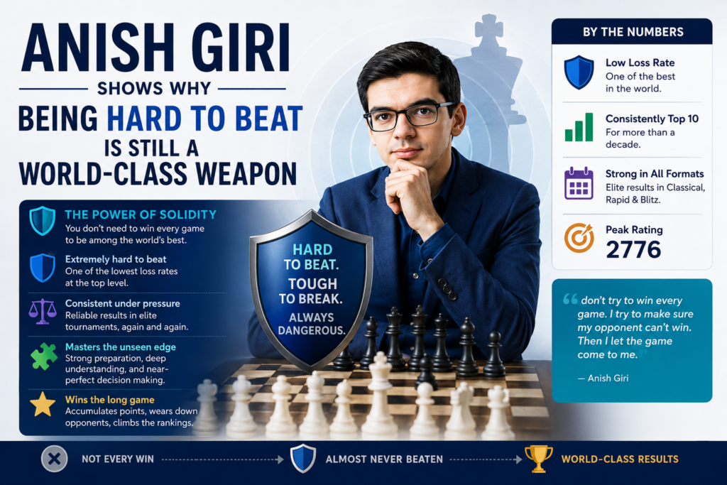 Anish Giri is often discussed in a light way by casual fans, but that can hide how strong he really is. In May 2026, FIDE ranks him sixth in the world with a 2767 classical rating. He also finished second in the 2026 Candidates with 8.5 out of 14, behind Sindarov and ahead of Caruana.
