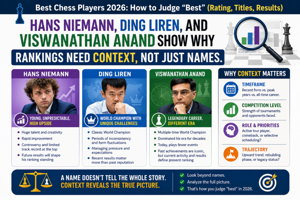 Some players are hard to place because their stories carry extra weight. Hans Niemann, Ding Liren, and Viswanathan Anand are very different from each other, but each one proves the same point. A good ranking should not only ask, “What is the number?” It should also ask, “What is behind the number?”