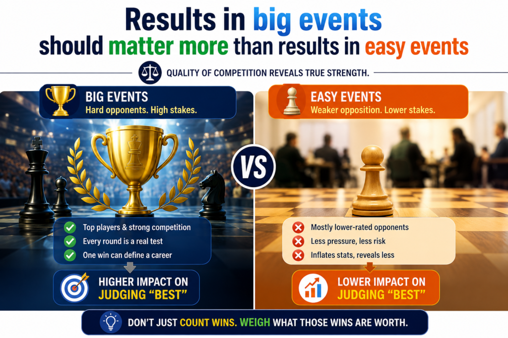 Not every win tells the same story. A player can win a small tournament and gain confidence, but that is not the same as winning the Candidates, Norway Chess, Tata Steel, the Grand Chess Tour, or another event packed with elite players. The field matters. The pressure matters. The prize matters.