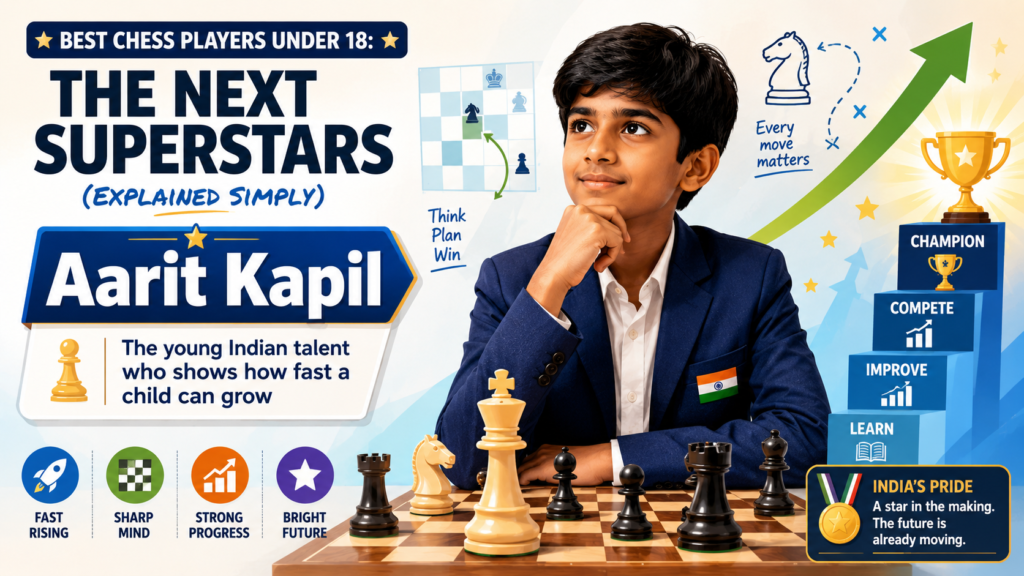 Aarit Kapil is one of the most exciting young Indian players to watch. FIDE lists him as a FIDE Master from India, born in 2015, with a standard rating of 2334. He also became a Candidate Master in 2025 and a FIDE Master in 2026, according to his FIDE profile.