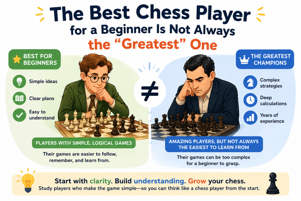 When people ask, “Who should I study to get better at chess?” the first names they hear are often Magnus Carlsen, Garry Kasparov, Bobby Fischer, or Mikhail Tal. These players are amazing. Their games are full of power, beauty, and deep ideas.