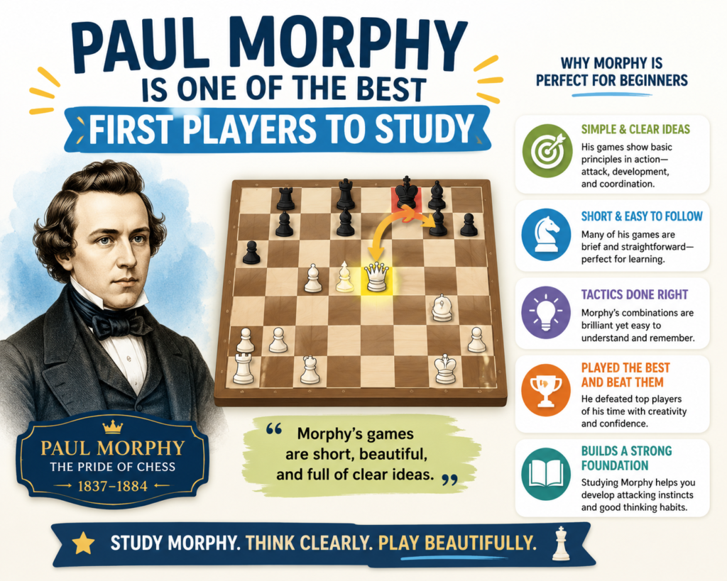 He played in the 1800s, but his lessons still work today. Morphy showed one of the most important truths in chess: bring your pieces into the game before you start a big attack.