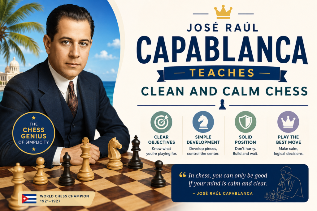 José Raúl Capablanca was world chess champion and one of the clearest players in history. His games are not always wild. They are often calm, smooth, and easy to follow. That makes him one of the best players for beginners to study after Morphy.