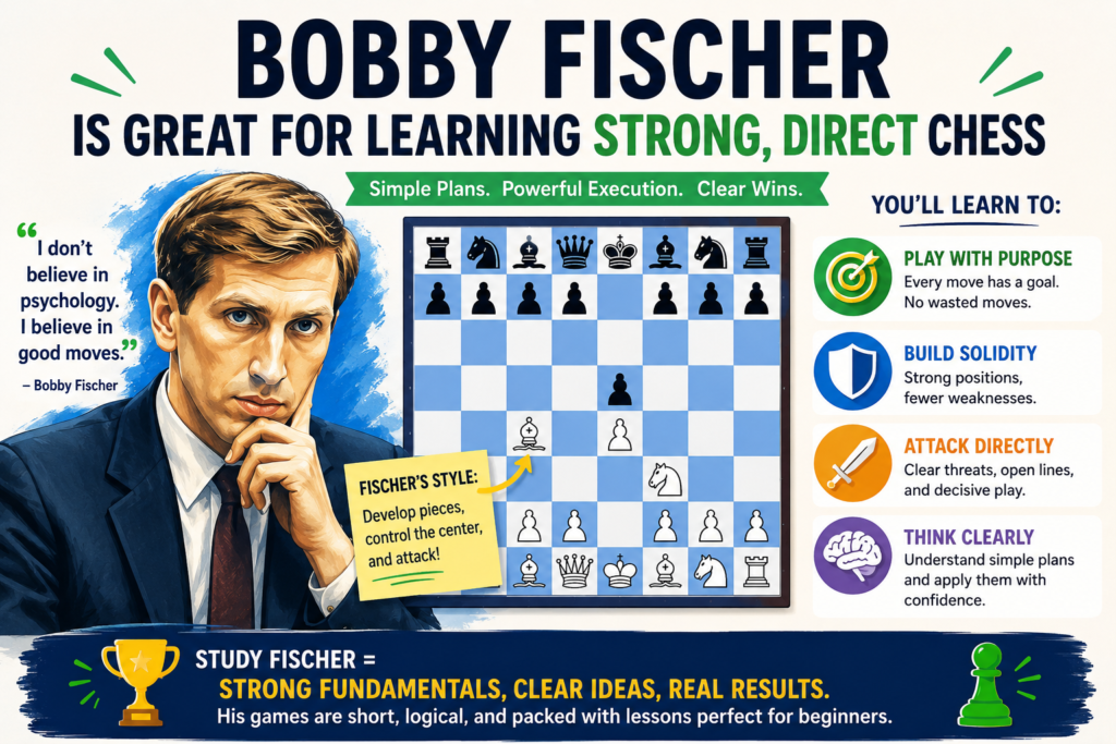 Bobby Fischer is one of the most famous chess players ever. For beginners, he is useful because many of his games have clear plans. Fischer played with energy, but his chess was not random. He loved active pieces, strong centers, and direct attacks.
