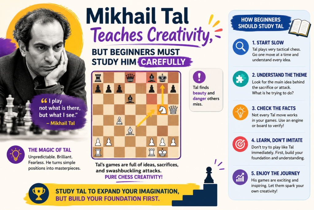 Mikhail Tal was known as the “Magician from Riga.” His games are full of sacrifices, attacks, and surprises. Many kids love Tal because his chess feels like an adventure. Pieces fly across the board, kings come under fire, and the game can change very fast.