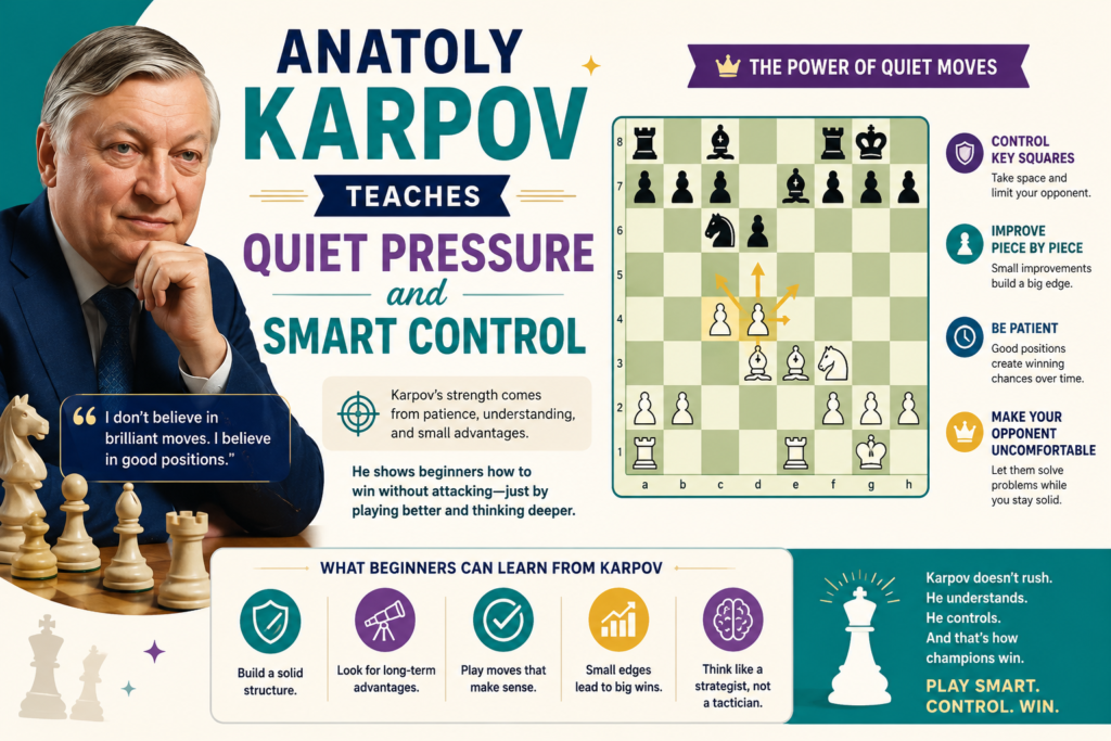 Anatoly Karpov is a great player for beginners who want to learn calm, controlled chess. His games may not always end with flashy attacks, but they are full of deep lessons. Karpov was a master at placing pieces on perfect squares and slowly making the opponent uncomfortable.