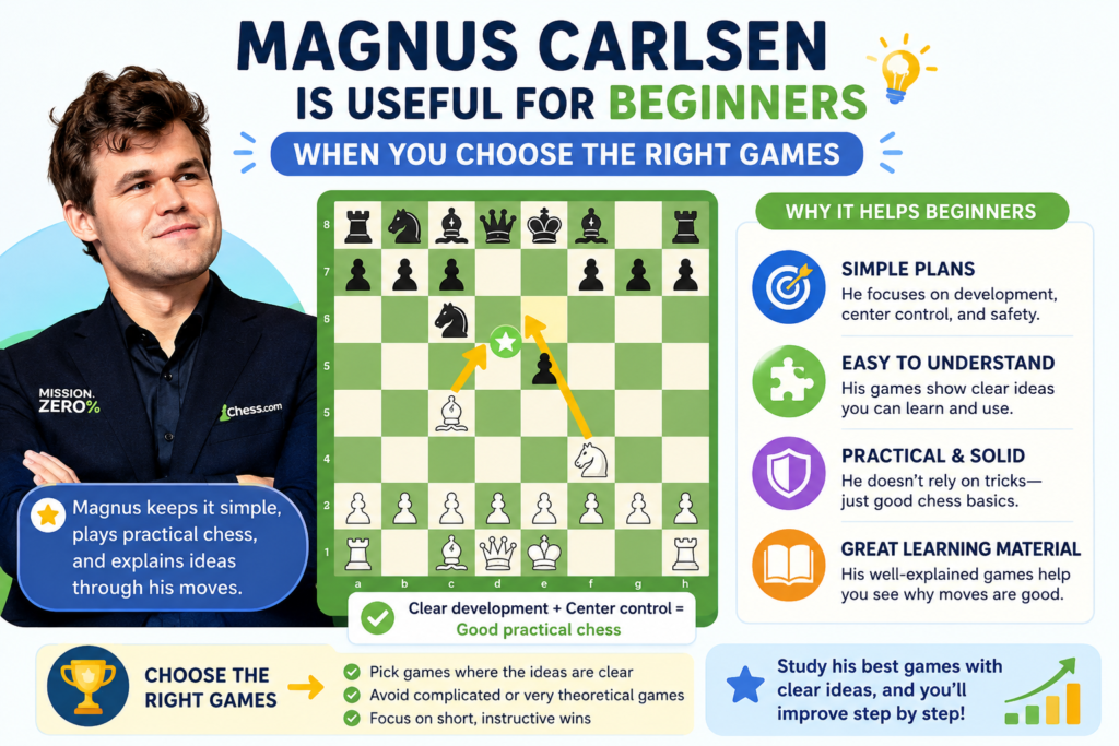 Magnus Carlsen is one of the strongest players in chess history. His games can be very deep, so beginners should not start with his hardest games. But selected Carlsen games can be very helpful, especially when they show simple plans, strong endgames, and steady pressure.