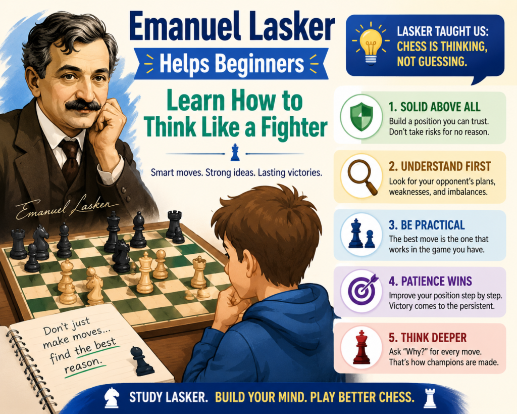 Emanuel Lasker was world chess champion for a very long time, and his games are special because he was not only playing the board. He was also playing the person sitting across from him. That does not mean he played tricks in a bad way.