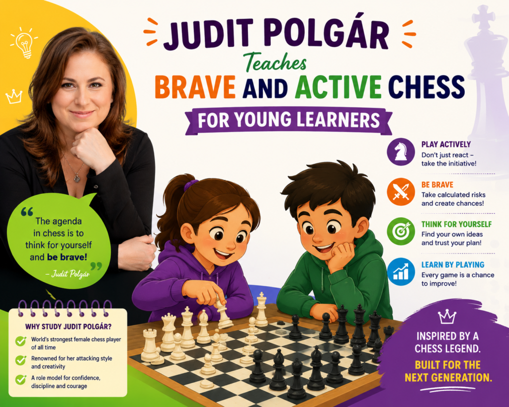 Judit Polgár is one of the greatest attacking players ever and the strongest female chess player in history. Her games are full of energy, confidence, and sharp ideas. For beginners, she is a wonderful player to study because she shows how powerful active pieces can be.