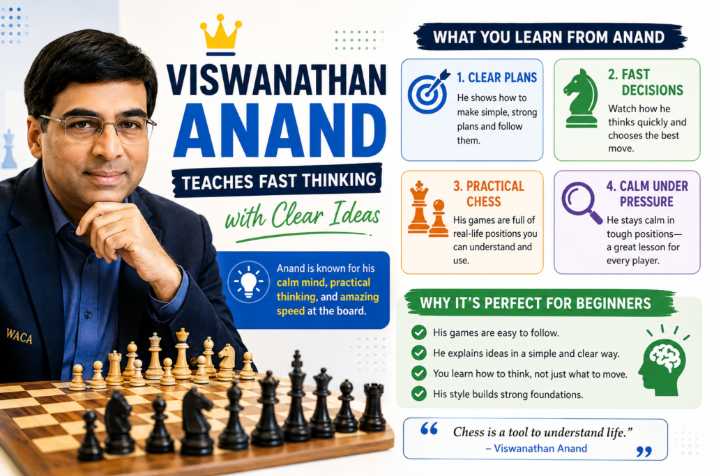 Viswanathan Anand is a world champion known for speed, sharp vision, and smooth play. He is a great player for beginners to study because many of his games feel natural. His moves often show quick development, active pieces, and simple plans that become very strong.