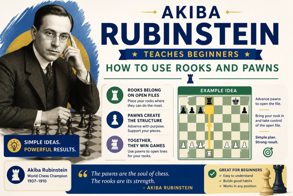 Akiba Rubinstein was one of the best players who never became world champion. His games are beautiful because they show smooth planning, strong endgames, and amazing rook play. For beginners, Rubinstein is a great teacher because he makes quiet moves look powerful.